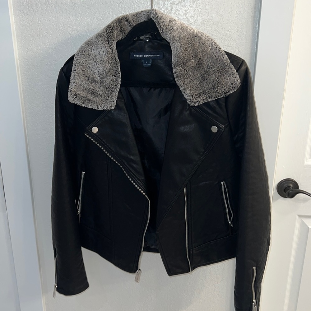 Like new French connection faux leather jacket with faux fur removable collar.